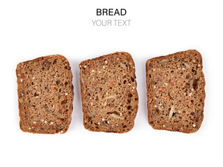 Loaf Of Whole Grain Bread. Detailed close-up of sliced grain bread on white background. Homemade healthy bread. Bakery - gold rustic crusty loaves of bread and buns. Flat lay. Food concept. 