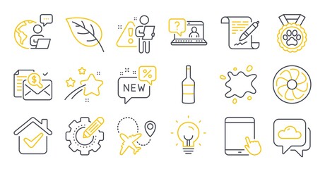 Set of Business icons, such as Dirty spot, Airplane, Weather forecast symbols. Dog competition, Faq, Wine signs. Settings gear, Tablet pc, Agreement document. Fan engine, Accounting report. Vector