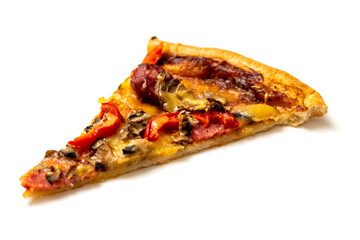 Slice of pizza on an isolated white background.