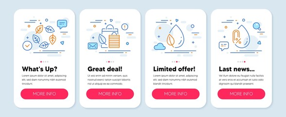 Set of Nature icons, such as Organic tested, Leaf dew, Bio shopping symbols. Mobile screen mockup banners. No alcohol line icons. Bio ingredients, Water drop, Leaf. Mineral oil. Vector