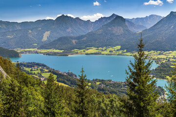 Naklejka na ściany i meble View of Wolfgangsee lake from Schafberg mountain, Austria