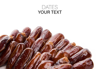 Creative layout made of dried dates. Flat lay. Food concept. Fruits dates. Dates Palm fruit isolated on white. Dried fruits. Healthy diet.