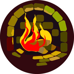 Hearth with burning fire on a round background. Simple 2D vector illustration.