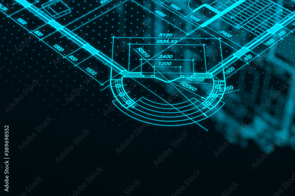 Wall mural architecture blueprint on digital lcd display with reflection. abstract technology background. 3d re