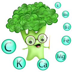 Funny cartoon broccoli in glasses with Information about nutrients. Main vitamins and minerals in healthy food. Vector illustration