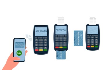 Mobile payment icon set isolated on white background. Wireless paying with POS and smartphone. Human hands holding credit cards. Flat style.