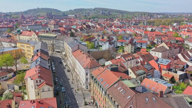 aerial flight over the beautiful city bamberg with a top view, Germany