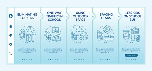 Naklejka premium Covid school safety guidelines onboarding vector template. Eliminating locks. Less kids on school bus. Responsive mobile website with icons. Webpage walkthrough step screens. RGB color concept