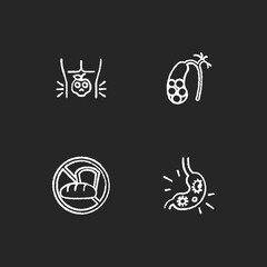Discomfort in abdomen chalk white icons set on black background. Food poisoning. Gallstones. Gluten intolerance. Stomach virus. Foodborne illness. Isolated vector chalkboard illustrations