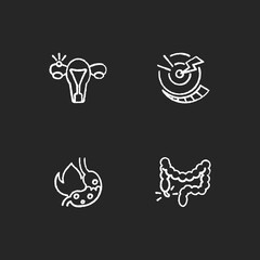 Abdominal inflammation chalk white icons set on black background. Ectopic pregnancy. Acute pain. Heartburn. Constipation. Stomach infection. Fallopian tube. Isolated vector chalkboard illustrations