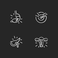 Stomachache chalk white icons set on black background. Dyspepsia. Acute pain. Pancreatitis. Menstrual cramps. Burning sensation in belly. Digestive disorder. Isolated vector chalkboard illustrations