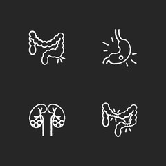 Abdominal pain chalk white icons set on black background. Constipation. Gastritis. Kidney stones. Irritable bowel syndrome. Urolithiasis. Stomach ulcer. Isolated vector chalkboard illustrations
