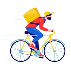 Online delivery contactless service to home, office by bicycle. Online order tracking. Delivery service. Courier in protective mask deliver goods and food on bike. 