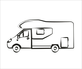 Mobile home on the background. House on wheels. Sketch. Vector illustration.