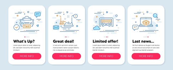 Set of Transportation icons, such as Taxi, Bumper cars, Parking garage symbols. Mobile screen mockup banners. Online delivery line icons. Public transfer, Carousels, Automatic door. Vector