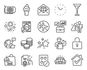Business icons set. Included icon as Medical tablet, Gpu, Washing machine signs. Certificate, Arena stadium, Martini glass symbols. Lock, Time, Flight mode. Ice cream, Business portfolio. Vector