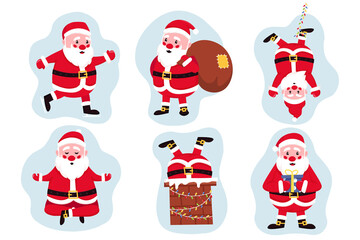 Obraz premium Set of funny happy Santa Claus character with gift, bag with presents, hanging upside down on garland lights, ice skating and more. Perfect for Christmas greeting cards. Vector cartoon illustration.