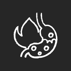 Heartburn chalk white icon on black background. Acid reflux. Gnawing pain. Discomfort. Indigestion. Uncomfortable sensation in belly. Burning in chest center. Isolated vector chalkboard illustration