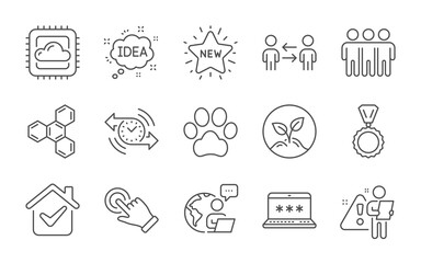 Laptop password, New star and Friendship line icons set. Teamwork business, Dog paw and Medal signs. Startup, Chemical formula and Cloud computing symbols. Line icons set. Vector