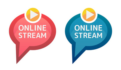 Online stream icons or buttons. Vector red and blue icons of live stream isolated on a white background. Social media live streaming concept&ndash; speech bubble with a play icon.
