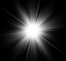 Special lens flash, light effect. The flash flashes rays and searchlight. illust.White glowing light. Beautiful star Light from the rays. The sun is backlit. Bright beautiful star. Sunlight. Glare.