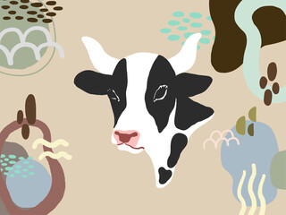 Trendy doodle pattern background with hand drawn abstract organic shapes and cow, ox in trendy pastel color palette. Modern vector illustration, Boho doodle style.