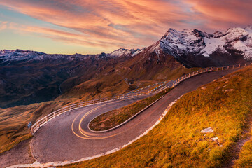 Light  Trials on Curvy Serpentine Road in High Mountains Pass on Grossglockner Alpine Road in Austria