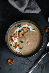 Cream of mushroom soup with herbs and champignons flatlay
