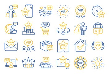 Vip line icons. Casino chips, very important person, delivery parcel. Certificate, player table, vip buyer icons. Crown, casino ticket, business class flight. Membership privilege. Vector