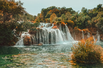 A beautiful photo of a waterfall in the forest. Croatia nature