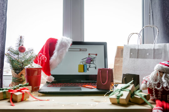 Christmas Holidays, Online Shopping At Home And Lockdown Coronavirus.Christmas Online Shopping, Black Friday Sale And Discounts Promotions During The Xmas.