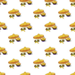 Mexican vibe hand drawn vector seamless pattern with traditional sombrero, maracas and nachos in a bowl