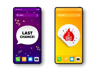 Hot sale banner. Phone mockup vector confetti banner. Discount sticker shape. Coupon tag icon. Social story post template. Last chance speech buuble. Cell phone frame banner. Vector