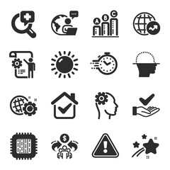 Set of Science icons, such as Dermatologically tested, World statistics, Sunny weather symbols. Settings blueprint, Graph chart, Seo gear signs. Timer, Sharing economy, Engineering. Vector