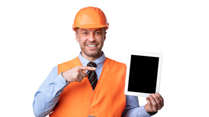 Builder Showing Tablet Pointing Finger At Empty Screen, White Background