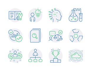 Education icons set. Included icon as Winner podium, Engineering documentation, Chemistry lab signs. Chemical hazard, Group people, Recruitment symbols. Statistics, Lawyer, Search files. Vector