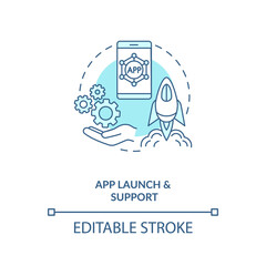 App launch and support concept icon. Mobile app development process. Product from development mode to production idea thin line illustration. Vector isolated outline RGB color drawing. Editable stroke