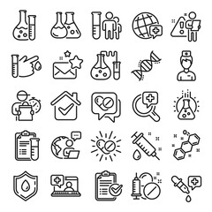 Medical healthcare, doctor line icons. Drug testing, scientific discovery and disease prevention signs. Chemical formula, medical doctor research, chemistry testing lab icons. Line icon set. Vector