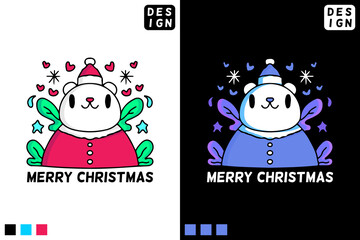 Cute polar bear character, wearing Santa costume. Hand drawn holiday illustration in cartoon, doodle style for New Year and Christmas
