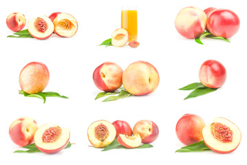 Collage of juicy ripe peaches on white