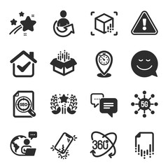 Set of Technology icons, such as Smile, Augmented reality, Dots message symbols. Share, Open box, Timer signs. Full rotation, 5g technology, Recovery file. Smartphone broken, Seo file. Vector