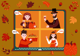 Thanksgiving online party. Virtual meet group to celebrate festival. People in Pilgrim and Indian costume have video conference from home. Friends spend time together on video call. New normal life.