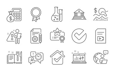 Recipe book, Documentation and Sound check line icons set. Success, Chemistry lab and Court building signs. Video file, Finance calculator and Time management symbols. Line icons set. Vector