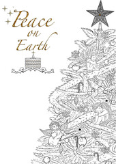 Detailed black and white Christmas card with peace on earth message and cherubs