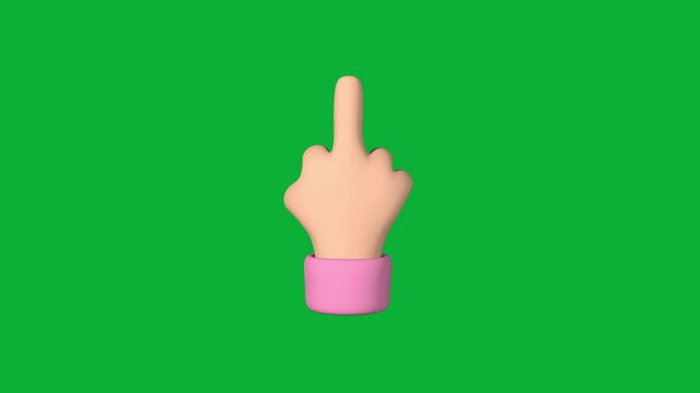 Emoji style middle finger hand gesture animation isolated on chroma key green screen. Stylized fu 3D render in 4k.	