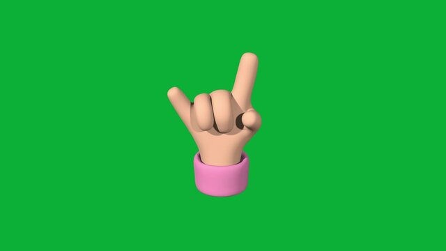 Emoji style rock on hand gesture animation isolated on chroma key green screen. Stylized heavy metal gesture 3D render in 4k.	
