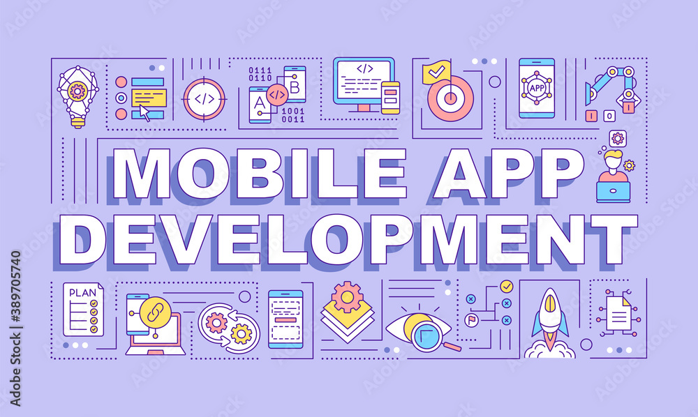 Wall mural mobile app development word concepts banner. software engineering. infographics with linear icons on