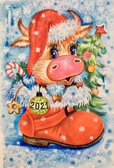 Watercolor year of the bull 2021. Bull zodiac symbol of the year 2021. New year and merry christmas illustration. Design element.