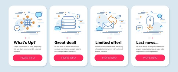 Set of Technology icons, such as Share mail, Logistics network, Servers symbols. Mobile app mockup banners. Scroll down line icons. New e-mail, International tracking, Big data. Mouse swipe. Vector