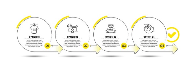 Dry t-shirt, Online access and Vip transfer line icons set. Timeline process infograph. 24 hours sign. Laundry shirt, Approved user, Exclusive transportation. Repeat. Business set. Vector